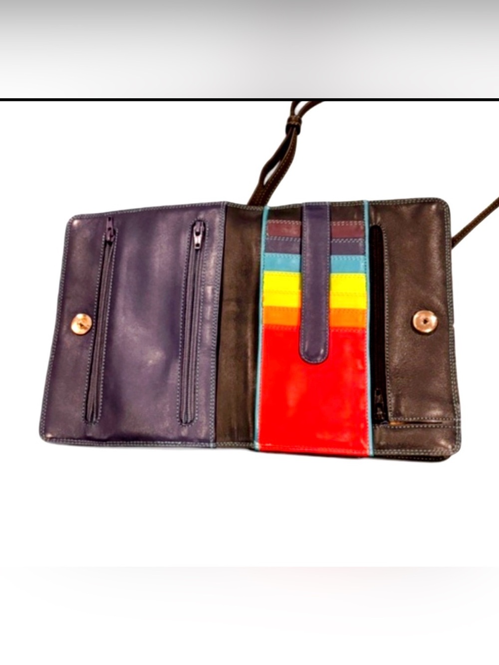 Mywalit Leather Crossbody Wallet Organizer Black Navy Rainbow Card Slots